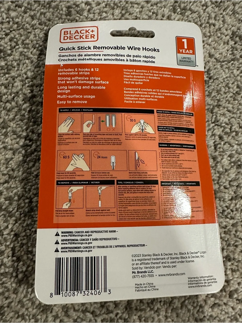 Black & Decker Orange & White Quick Stick Removable Wire Hooks - 6 Pack